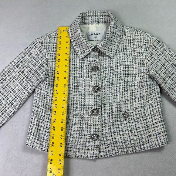 Chanel Tweed Jacket Women's 34 White & Blue Silk Blend Lining - Picture 14 of 15